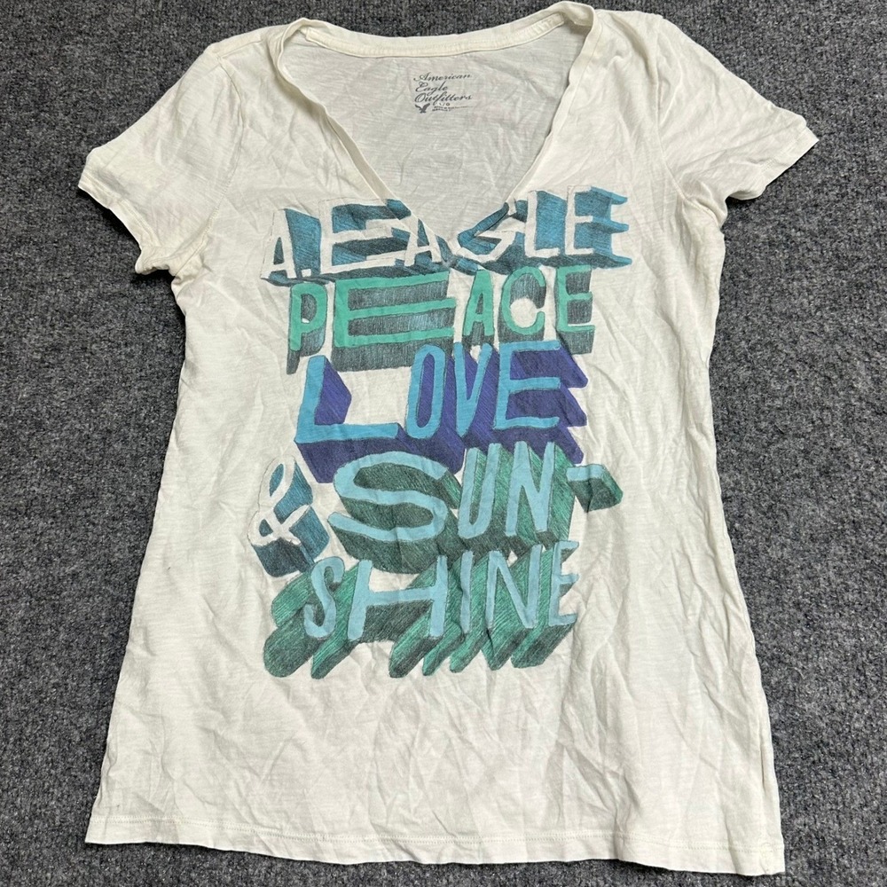 American Eagle T-Shirt Womens Size L White Graphic Peace Love Sunshine V-Neck